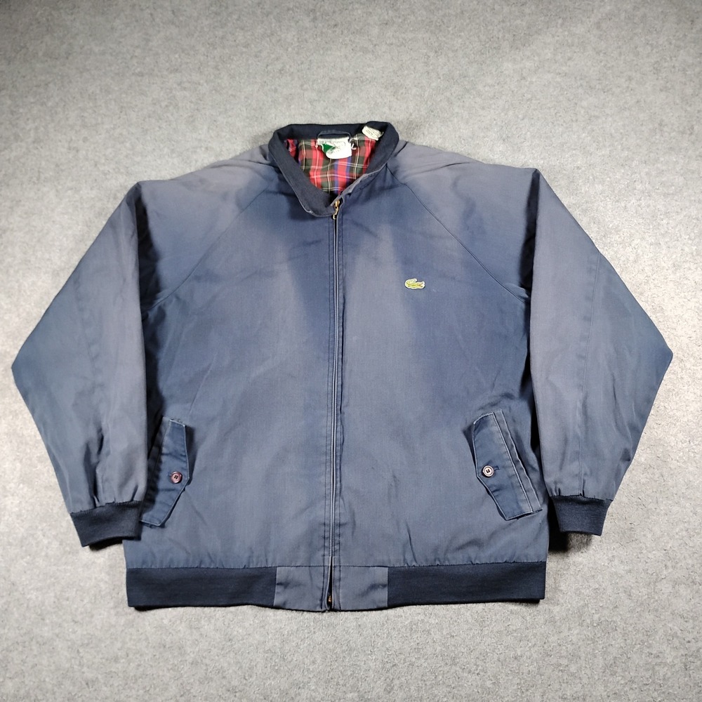 Vintage Izod Lacoste Harrington Jacket Navy Blue Plaid Lined Full Zip Mens XL